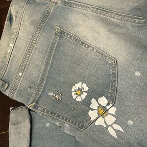 EXPRESS Ankle High Rise Cropped Jeans with Floral Embroidery Rhinestones